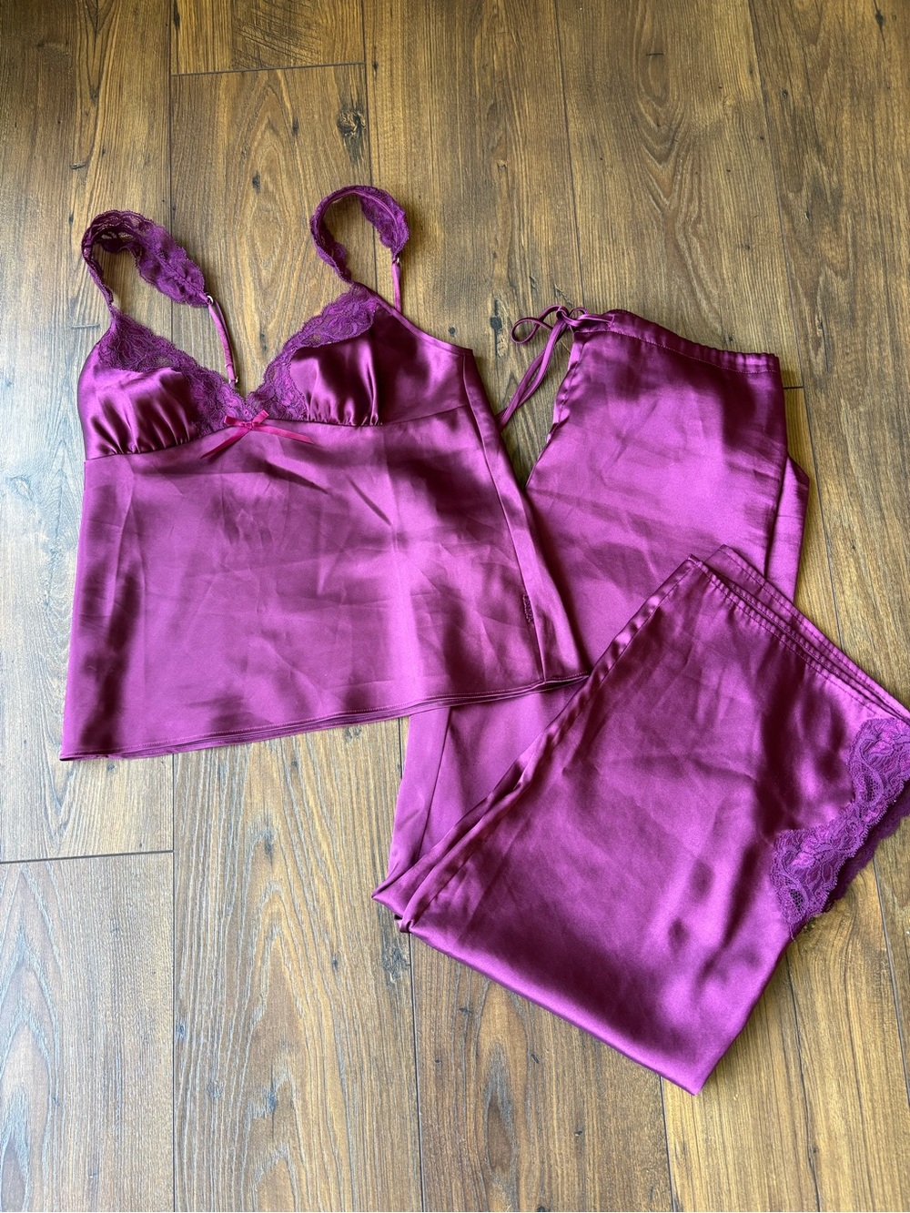La SENZA Vintage Croquette girl Satin Lace Camisole & Pants Set — Deep Berry XS
